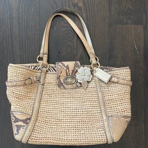 COACH Women's Python Leather Trim Boho Straw Tote